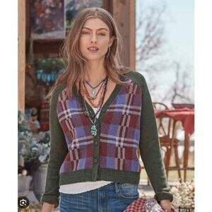 Sundance Clare Wool Blend Cardigan Sweater Size XL Plaid Preppy Classic Office